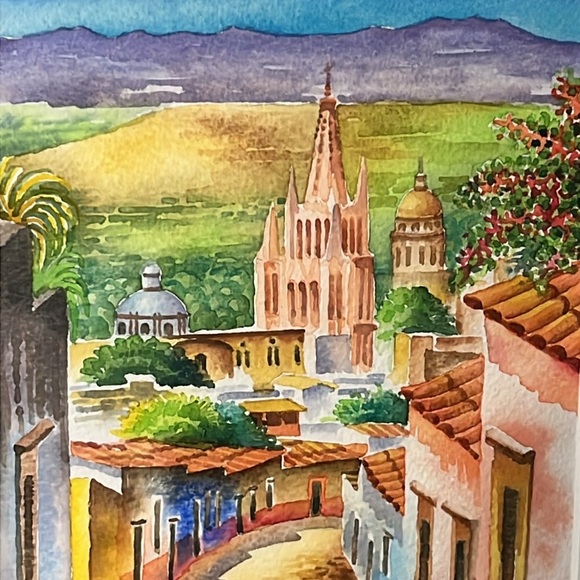An Original Javier Licona Cityscape Watercolor Painting in Gold Metal Frame - Picture 4 of 6
